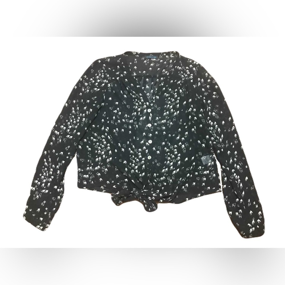 Cals women’s small blouse, sheer, bird print, black beige